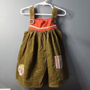 Misha Lulu Green Corduroy Jumper Bib Dress Bird Flower Design
